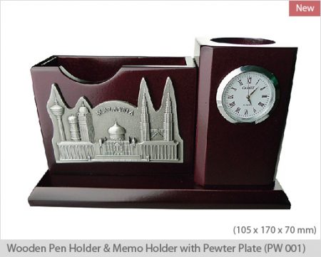 Wooden Pen Holder With Pewter Plate and Memo Holder