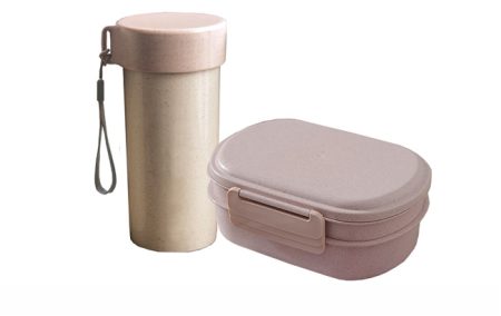 Eco Organic Wheat Lunch Box (Double Layers) with Tumbler - 20.5cm(w) x 8.5cm(h) x 13.5cm(d)