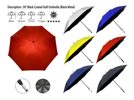 30" Black Coated Golf Umbrella , Auto, Black Metal