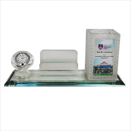 Crystal Pen Holder & Name Card  Holder With Clock - 8275