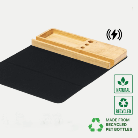 Bamboo Holder With rPET Mouse Pad and Wireless Charger